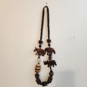 Vintage Hand Carved Wood Safari Animal Necklace 14" Tribal African Style